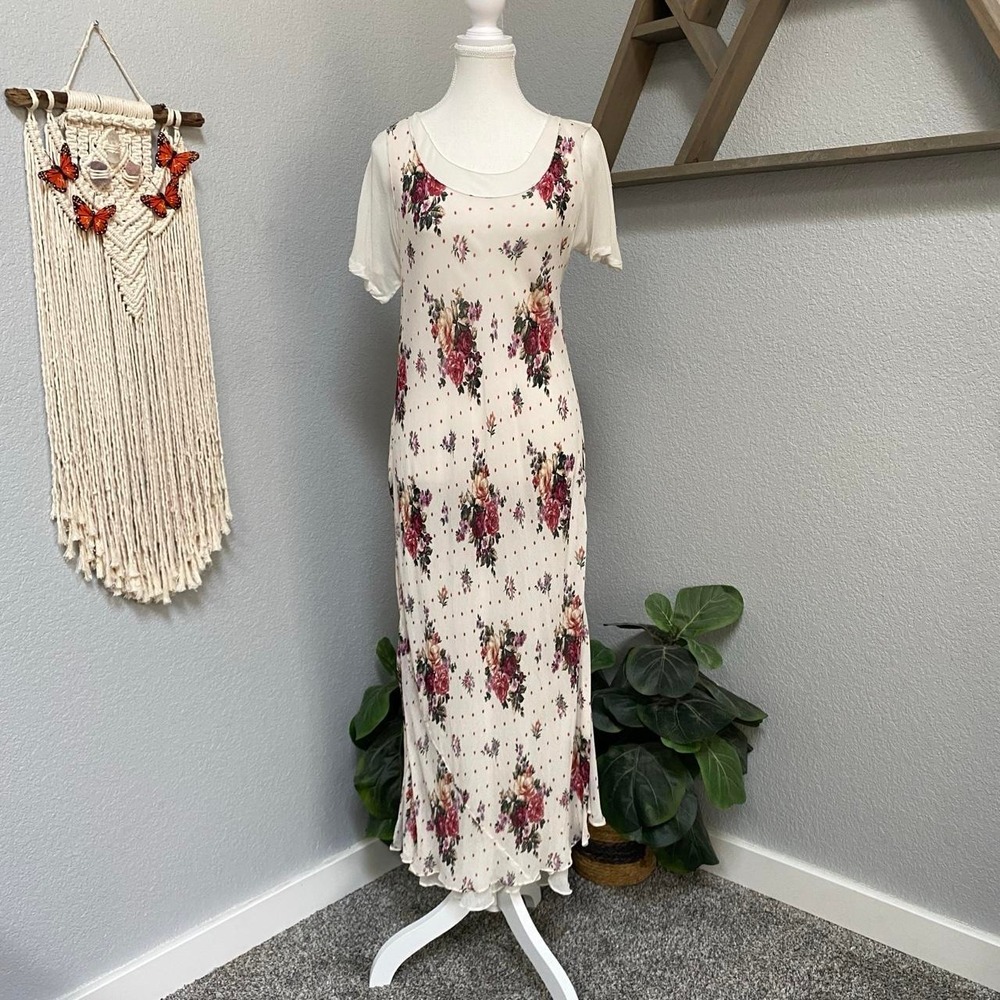 NOSTALGIA CREAM FLORAL MAXI DRESS LAYERED SHORT SLEEVE POLKA DOT 100% RAYON